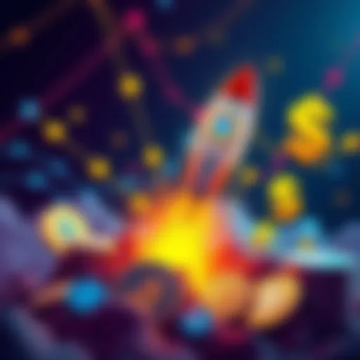 Colorful graphic showing popular memecoins with rocket and dollar signs