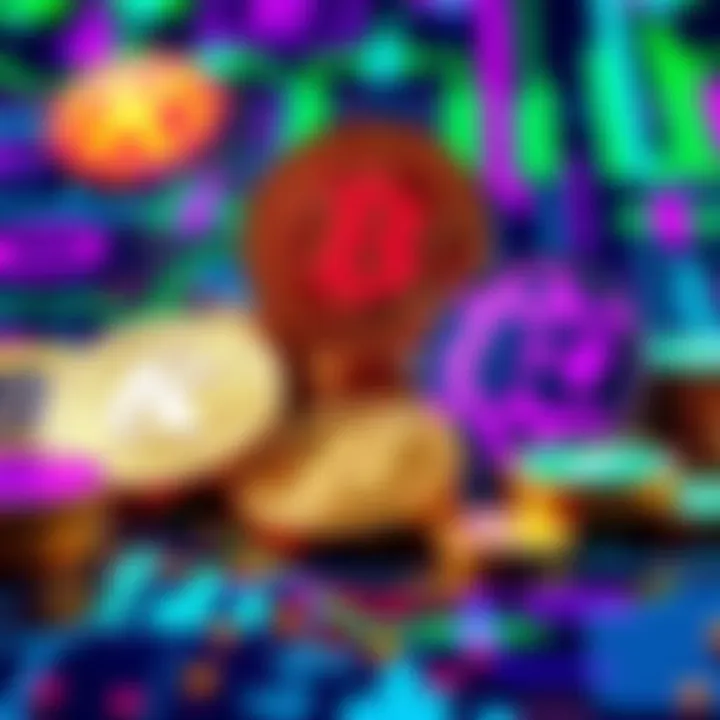 Colorful representation of various memecoins with a digital background symbolizing the Kaspa platform