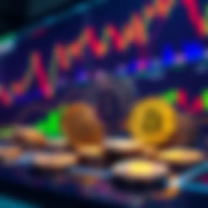 A graphic showing fluctuating memecoin prices with coins resembling popular memes and trading charts in the background.