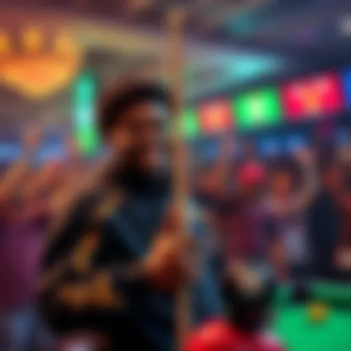Mendi smiles while holding the cue stick after a record-breaking 8-ball game, surrounded by cheering fans.