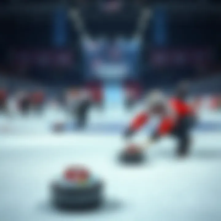 Switzerland, Canada, and Great Britain teams preparing for men's curling competition at the Winter Olympics.