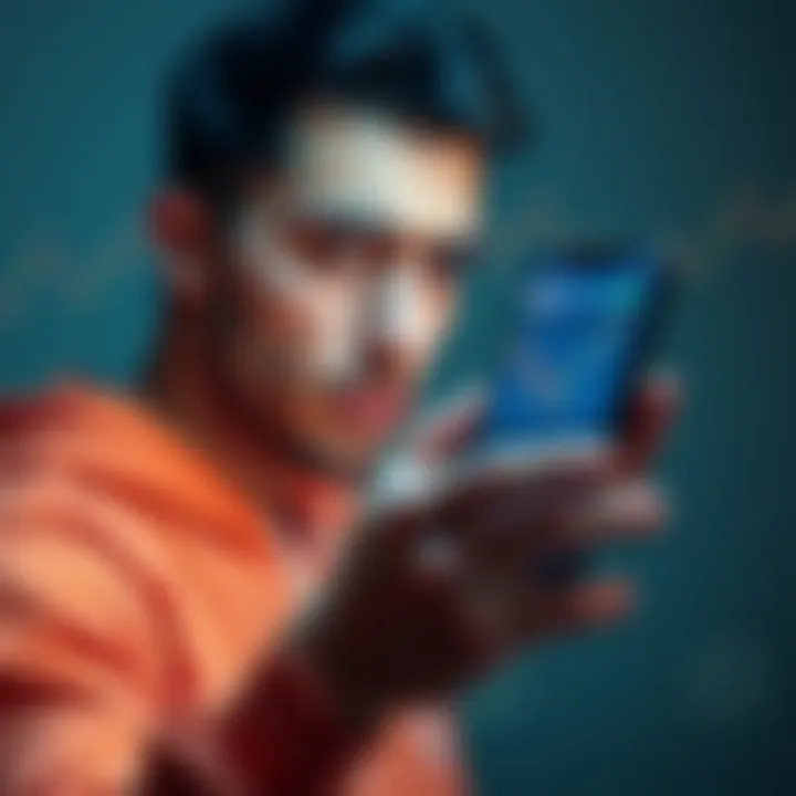 A person looking concerned while holding a smartphone displaying cryptocurrency charts, with a subtle background of digital coin symbols.