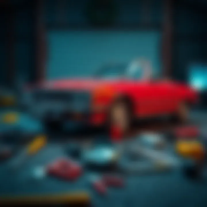 A Mercedes 450SL parked with tools scattered around, showing signs of repair work; broken odometer is visible.