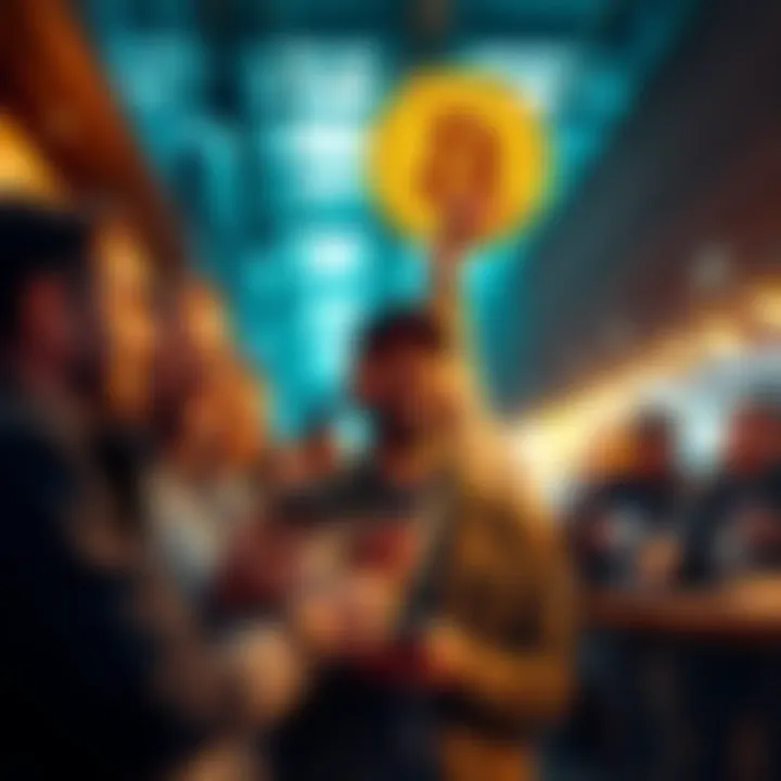 A group of small business owners celebrating as they accept Bitcoin payments through mobile devices, showcasing the growing trend of cryptocurrency in commerce.