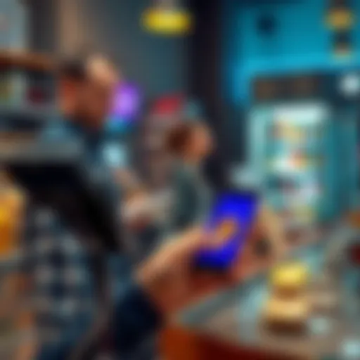 A merchant standing behind a counter with a digital payment device, while a customer pays using a smartphone app showing stablecoins.