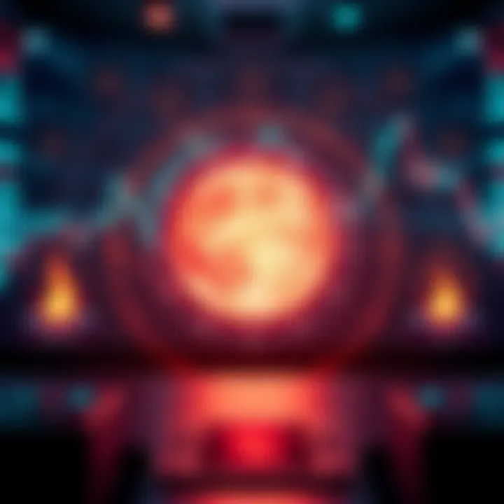 A graphic showing a stock market chart with downward trends during Mercury retrograde, surrounded by astrological symbols