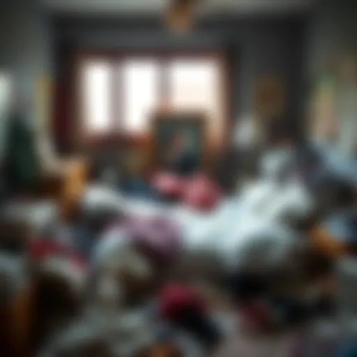A cluttered bedroom with an unmade bed surrounded by clothes and items scattered on the floor