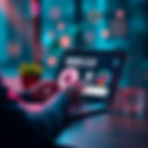 A user exploring the MetaMask Web 3.0 guide on a laptop, with digital icons representing decentralized apps around them.