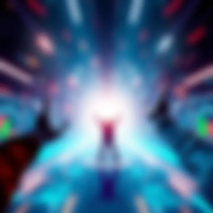 A person celebrating their new land acquisition in the metaverse, surrounded by digital graphics and vibrant colors symbolizing ambition and growth.