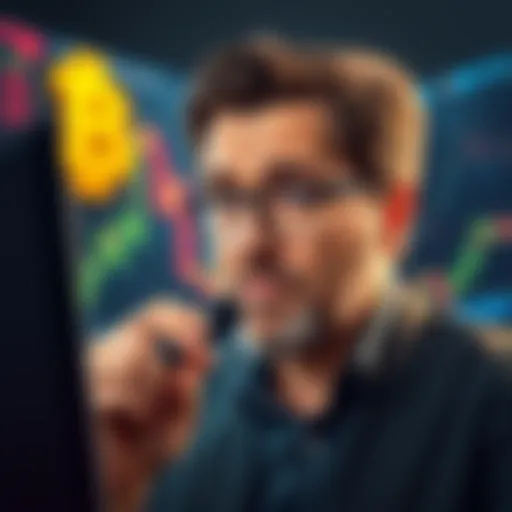 Michael Saylor looking at Bitcoin charts with a thoughtful expression as prices dip below purchase levels