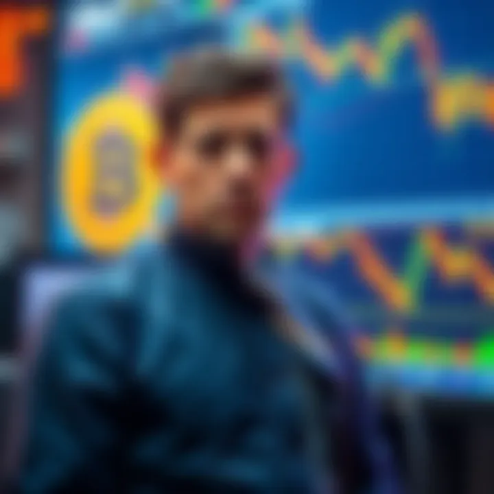 Michael Saylor standing with a worried expression while looking at Bitcoin charts on a screen