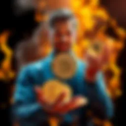 Michael Saylor with Bitcoin coins in hand, representing his $1.7 billion fortune, surrounded by flames symbolizing destruction of wealth after his death.