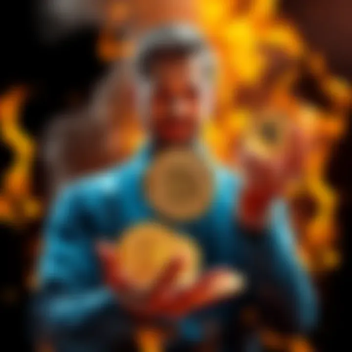 Michael Saylor with Bitcoin coins in hand, representing his $1.7 billion fortune, surrounded by flames symbolizing destruction of wealth after his death.