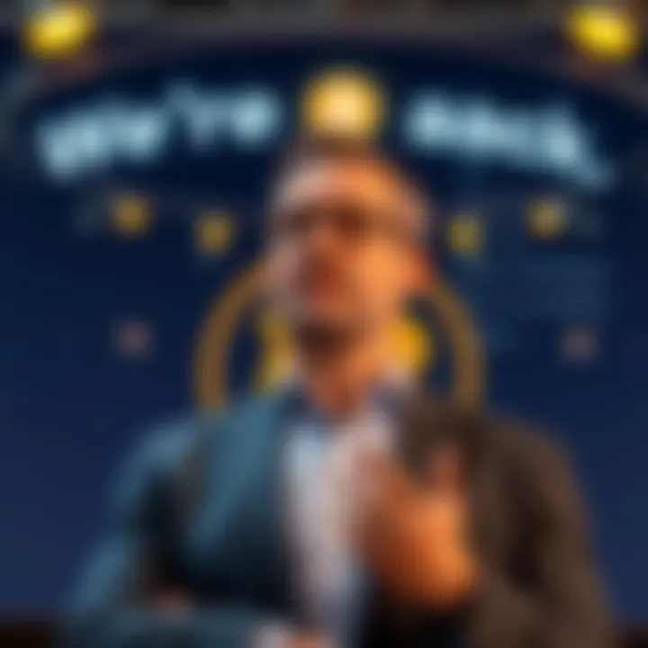 Michael Saylor stands with a confident expression, discussing MicroStrategy's new Bitcoin strategy under a banner that reads 'We’re ₿ack.'