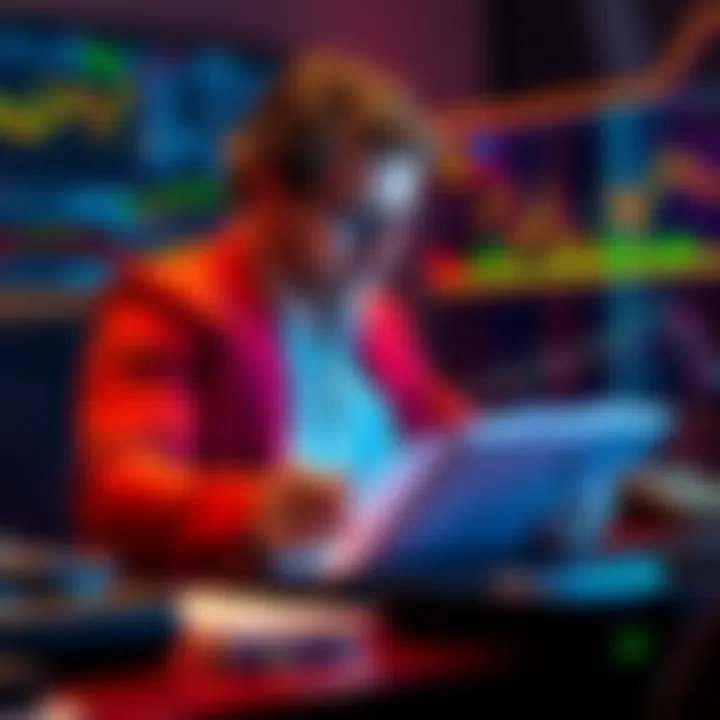 Michael Saylor selling Bitcoin at a trading desk with charts and graphs in the background