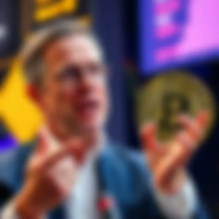 Michael Saylor discussing Bitcoin with excitement, hinting at a significant purchase, alongside a digital Bitcoin symbol, conveying anticipation in the market.