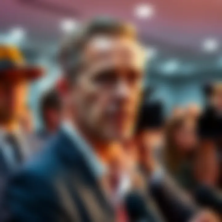 Michael Saylor appears concerned while discussing cryptocurrency issues at a press conference, with reporters in the background.