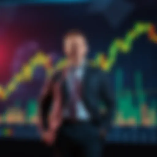 Michael Saylor confidently standing in front of a falling stock chart, symbolizing his resilience during market downturns.