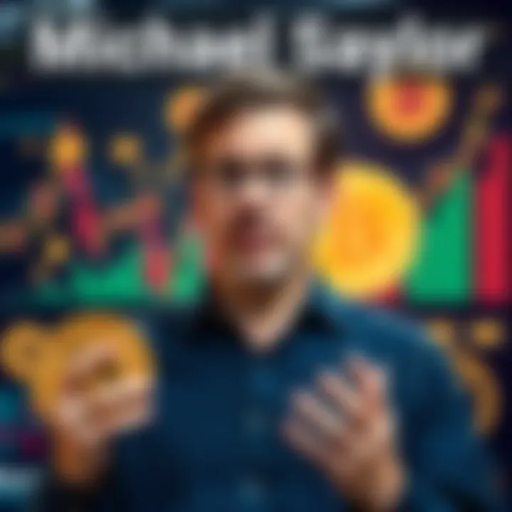 Michael Saylor speaking about Bitcoin, showing his transition from critic to advocate, with a backdrop of cryptocurrency symbols and graphs.