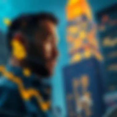 Michael Saylor looking at a screen showing Bitcoin prices with a skyscraper in the background