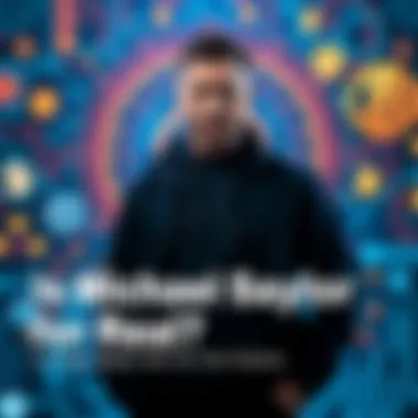 Michael Saylor standing confidently with tech graphics and cryptocurrency symbols behind him, representing his influence in the tech and crypto sectors.