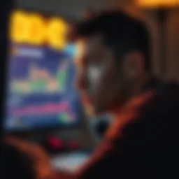A person looking worried while analyzing Bitcoin graphs on a computer screen, with Bitcoin coins displayed in the background.