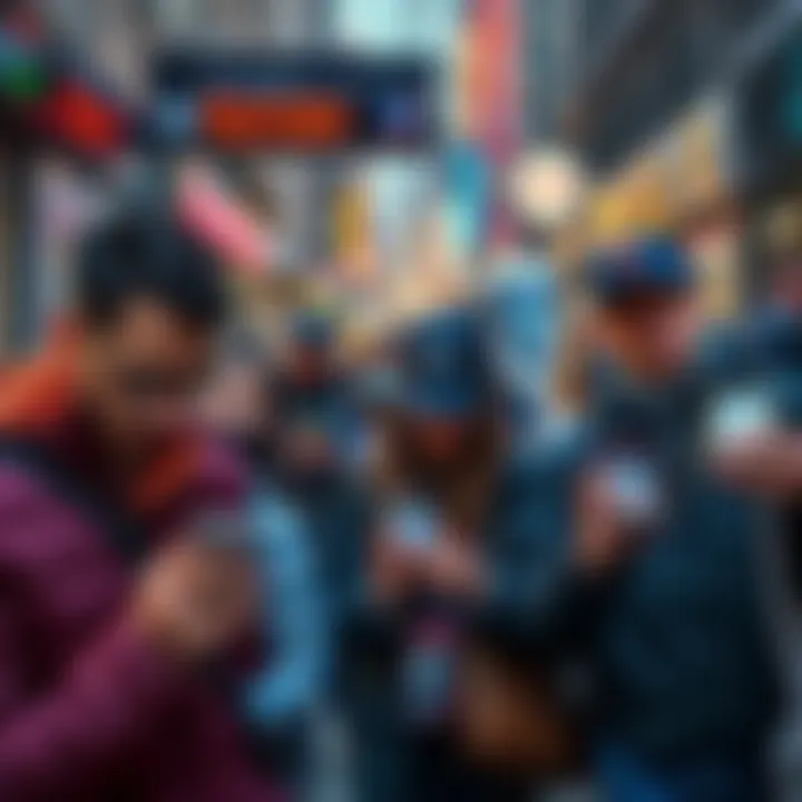 A group of frustrated commuters in Midtown Manhattan trying to use the AE app, showing their devices with error messages.