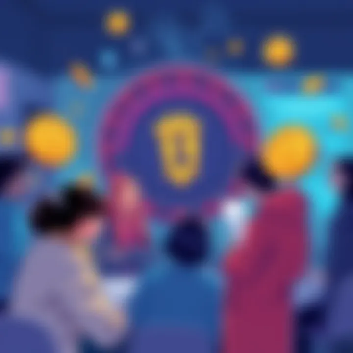 Migration of PI Coins Illustration An illustration showing people discussing the migration process of PI coins, with visual elements representing verified coins and KYC documents.