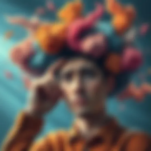 A person holding their head with a worried expression, surrounded by swirling thoughts represented by colorful clouds