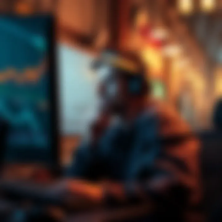 Miner contemplating cashing in A miner looking at his computer screen with mining statistics and earnings displayed, deep in thought about selling his rewards.