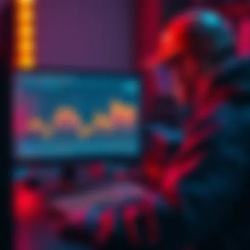 A miner analyzing real-time data on a computer screen showing EMCD's hashrate during peak hours