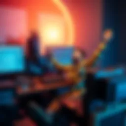 A miner joyfully celebrating the discovery of the first Bitcoin block at a computer setup, surrounded by charts and mining equipment.