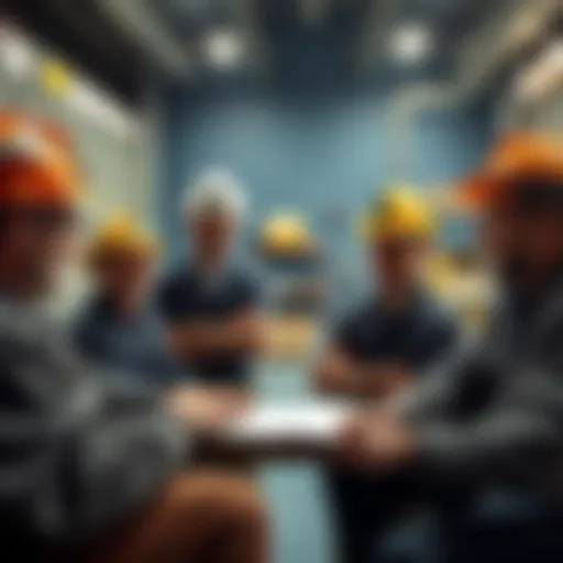 A group of miners discussing their health experiences in a supportive setting.