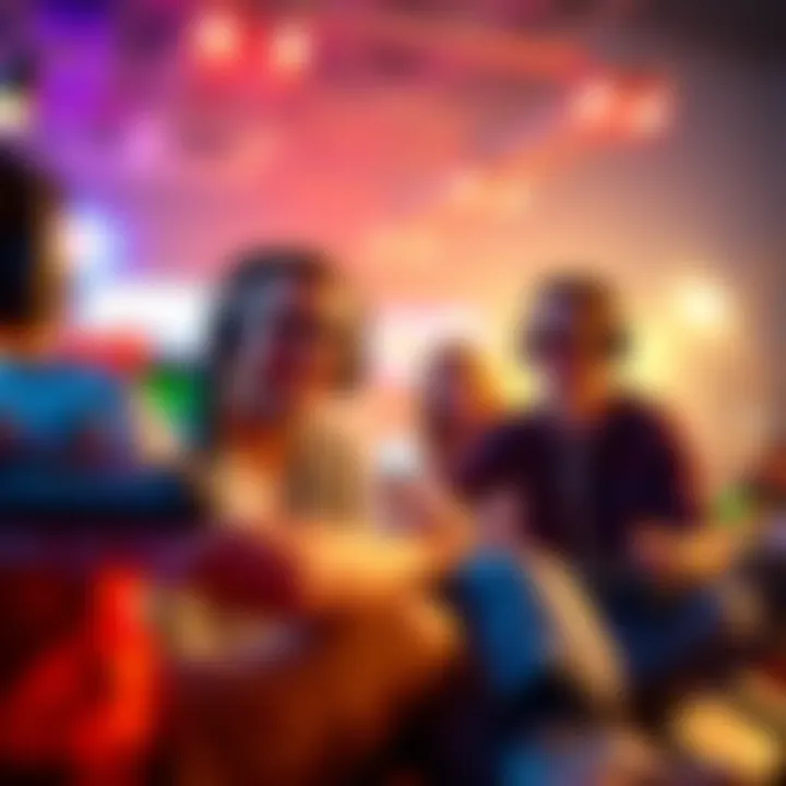 A vibrant scene showing gamers discussing the new mini game racer with excitement, featuring racing cars and game controllers in the background.