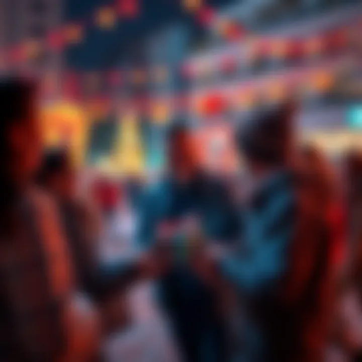 A festive scene showing community members happily exchanging gifts related to Mini P2Pool, celebrating together.