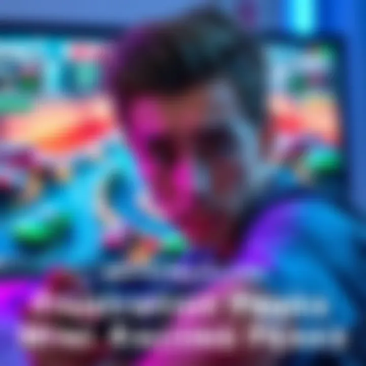 A gamer looking frustrated while playing a mini racing game on a digital screen with colorful cars and tracks displayed.