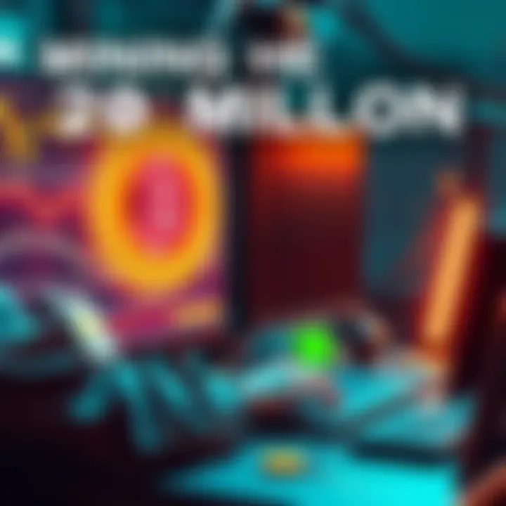 A Bitcoin miner working on a computer with Bitcoin graphics on the screen, symbolizing the 20 millionth Bitcoin being mined.