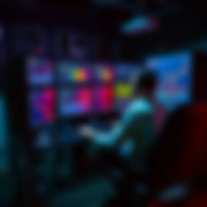 A person sitting at a computer with multiple cryptocurrency mining setups, focused on mining lesser-known alt coins, with charts and algorithms on the screen.