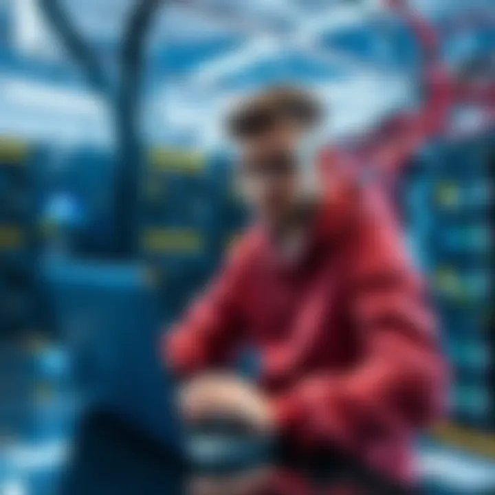 A person reviewing mining hosting options on a laptop with mining equipment in the background.