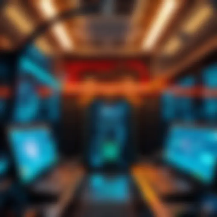 A mining setup with multiple machines operating in a well-lit room, highlighting the technology used for mining, with screens displaying data and charts.