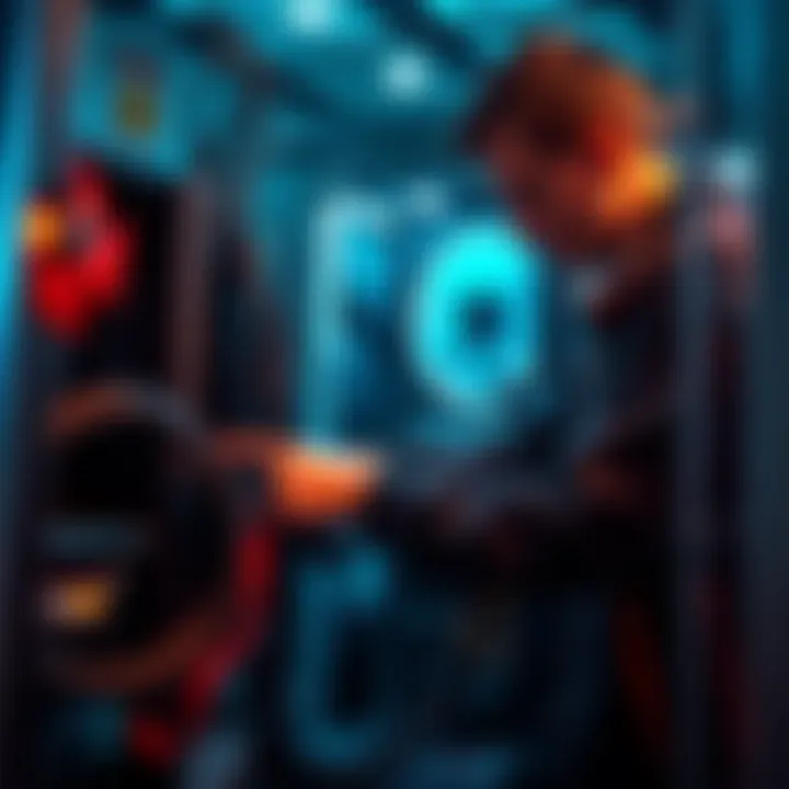 A person working on a mining machine, checking connections and components for issues.