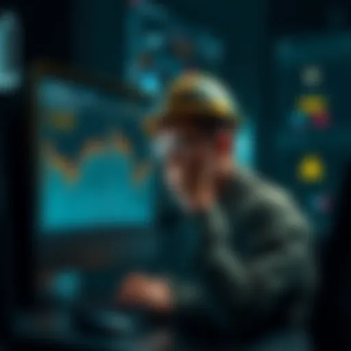 A miner looking at a computer screen displaying mining statistics and fluctuating shares, showcasing confusion about disappearing shares, representing the challenges faced by beginners in cryptocurren...