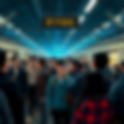 A busy train station scene with people looking disappointed as they miss their train; some are waving goodbye while others are checking their watches.