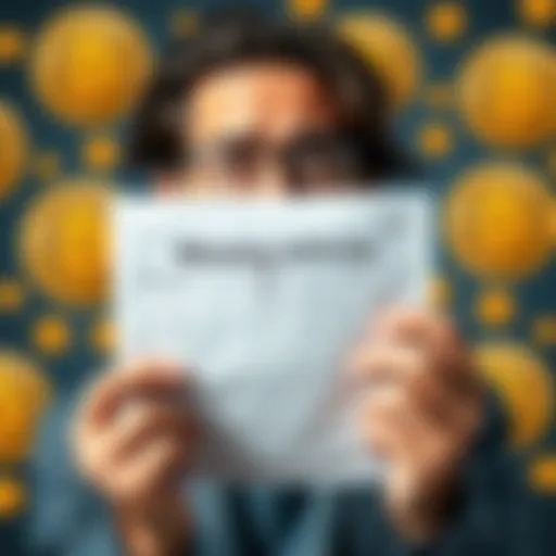 A person looking confused while holding a blank tax form with Bitcoin symbols in the background