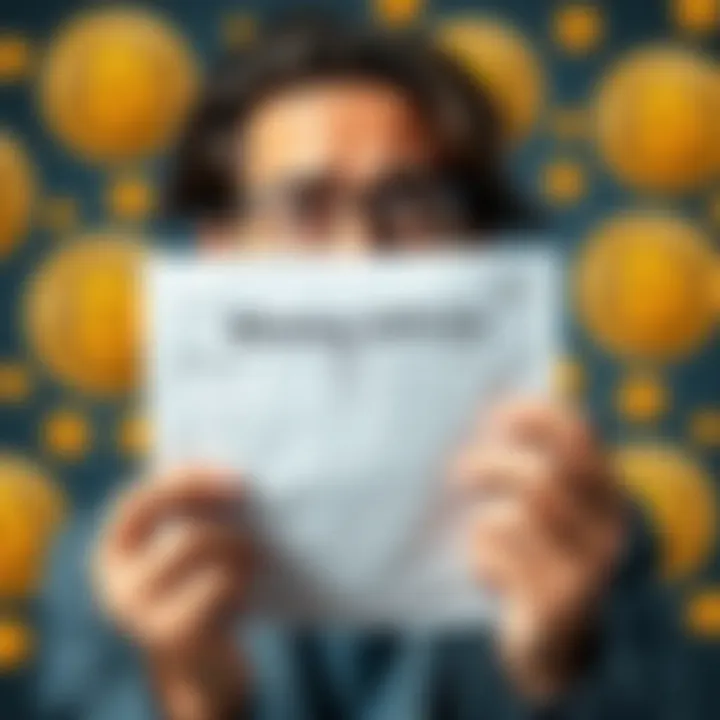 A person looking confused while holding a blank tax form with Bitcoin symbols in the background