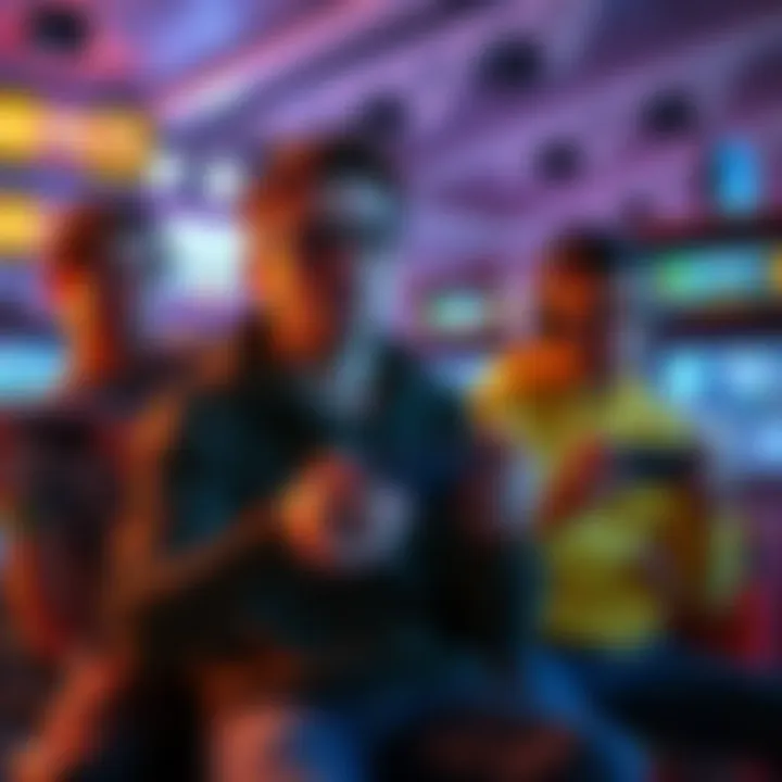 Gamers expressing frustration over missing arcade rewards after an update, with game controllers in hand and screens showing incomplete achievements.
