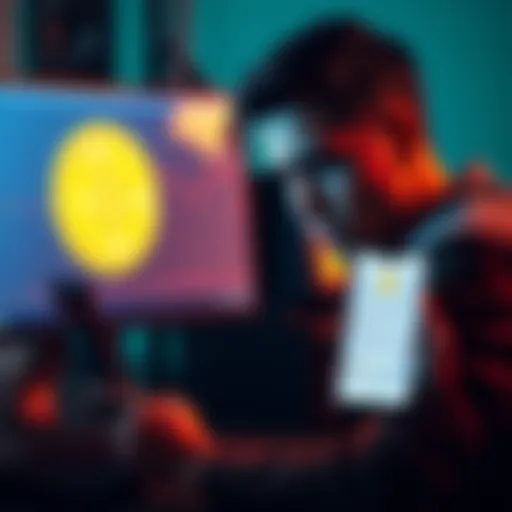 A person looking frustrated while checking their Bitcoin wallet on a computer, with a Trezor logo visible on the screen and a phone showing support chat.