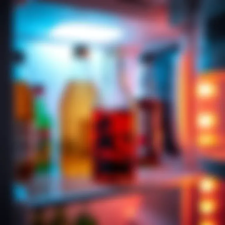 A clear glass bottle filled with mixed beverages sits on a shelf in a refrigerator, showcasing proper storage for efficient use.
