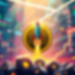 MIZUKI Cryptocurrency Graphic An illustration showcasing the MIZUKI cryptocurrency logo with a rocket symbol, representing its potential rise like Dogecoin. The background features a buzzing digital market theme.