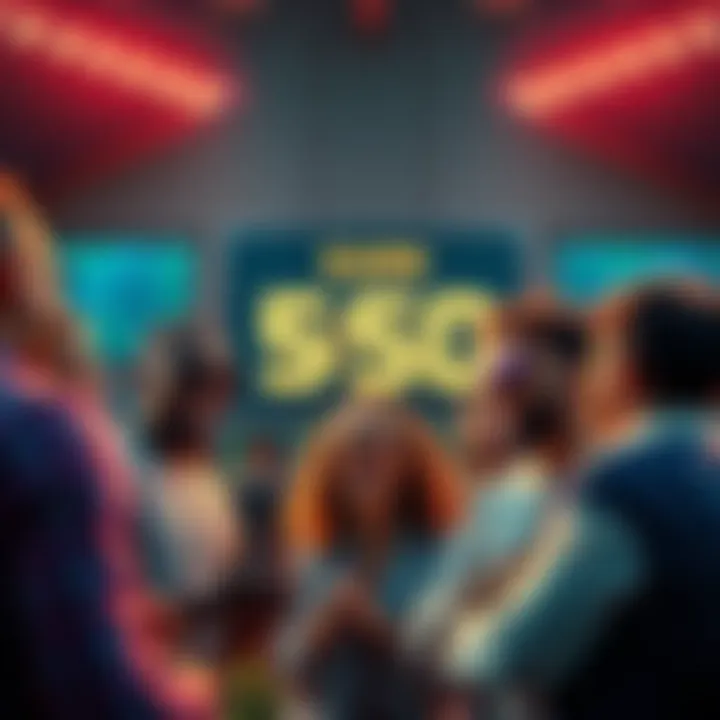 A group of people enthusiastically discussing their strategies for the MLS Duo mission to earn $50 with a countdown clock in the background